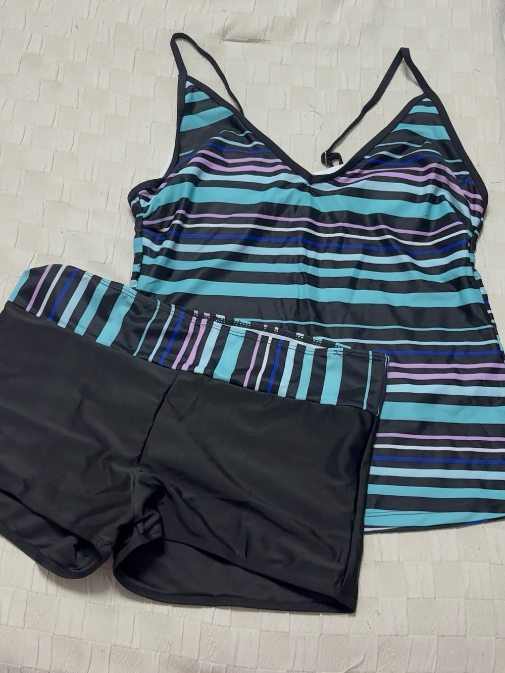 Striped Aqua, Teal & Purple Tankini with Black Shorts